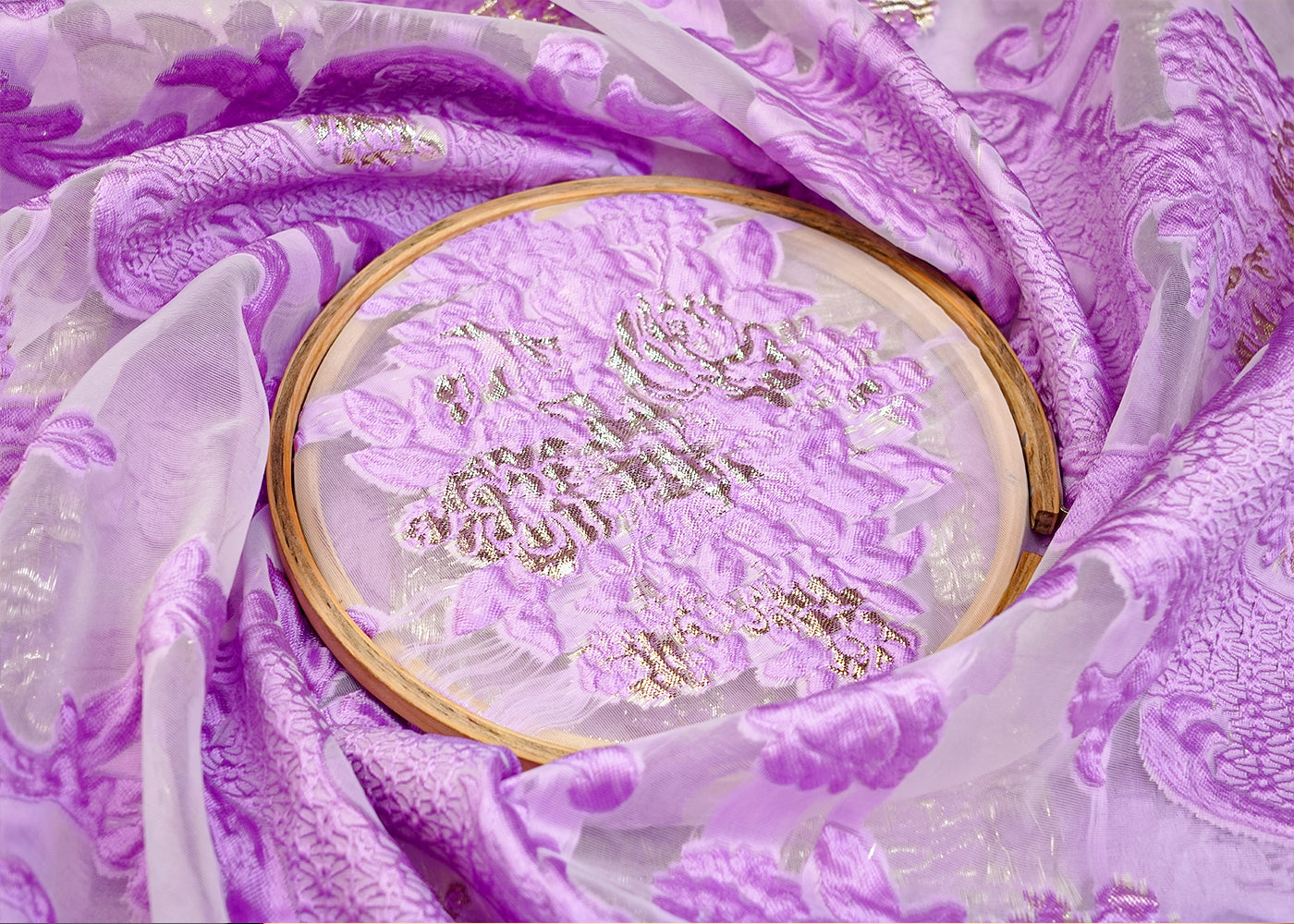 Lavender Imported Faux Organza Fabric with All-Over Embossed Work 15251