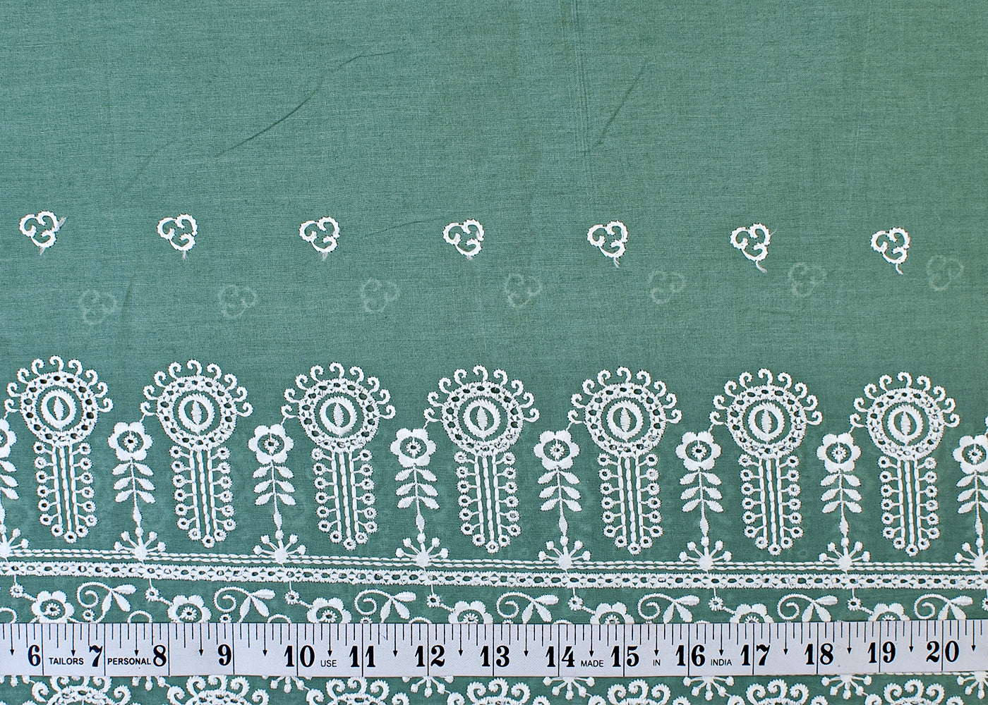 Green Cotton Fabric with All Over Thread Work, One Side Heavy Cutwork and Scalloped Border 15258