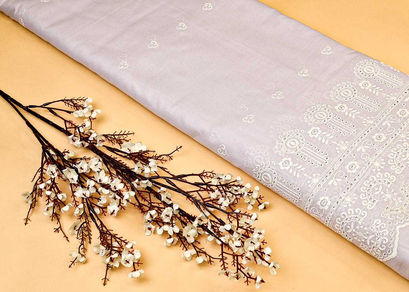 Lavender Cotton Fabric with All Over Thread Work, One Side Heavy Cutwork and Scalloped Border 15259