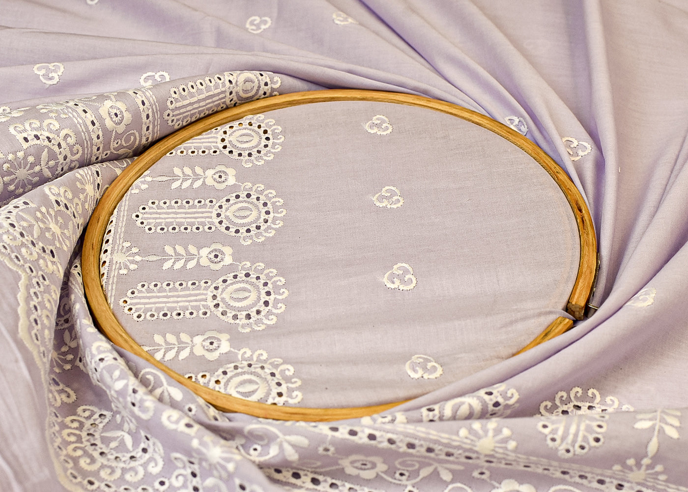 Lavender Cotton Fabric with All Over Thread Work, One Side Heavy Cutwork and Scalloped Border 15259