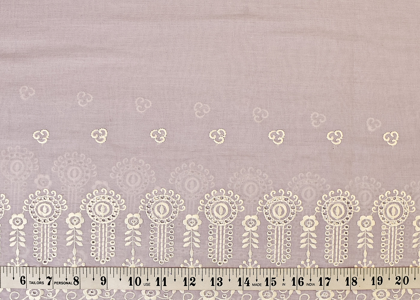 Lavender Cotton Fabric with All Over Thread Work, One Side Heavy Cutwork and Scalloped Border 15259