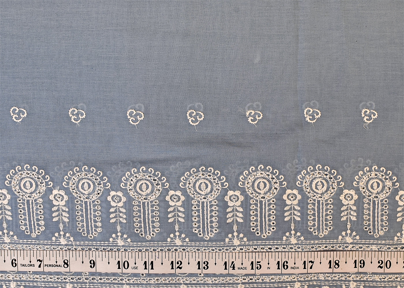 Powder Blue Cotton Fabric with All Over Thread Work, One Side Heavy Cutwork and Scalloped Border 15261