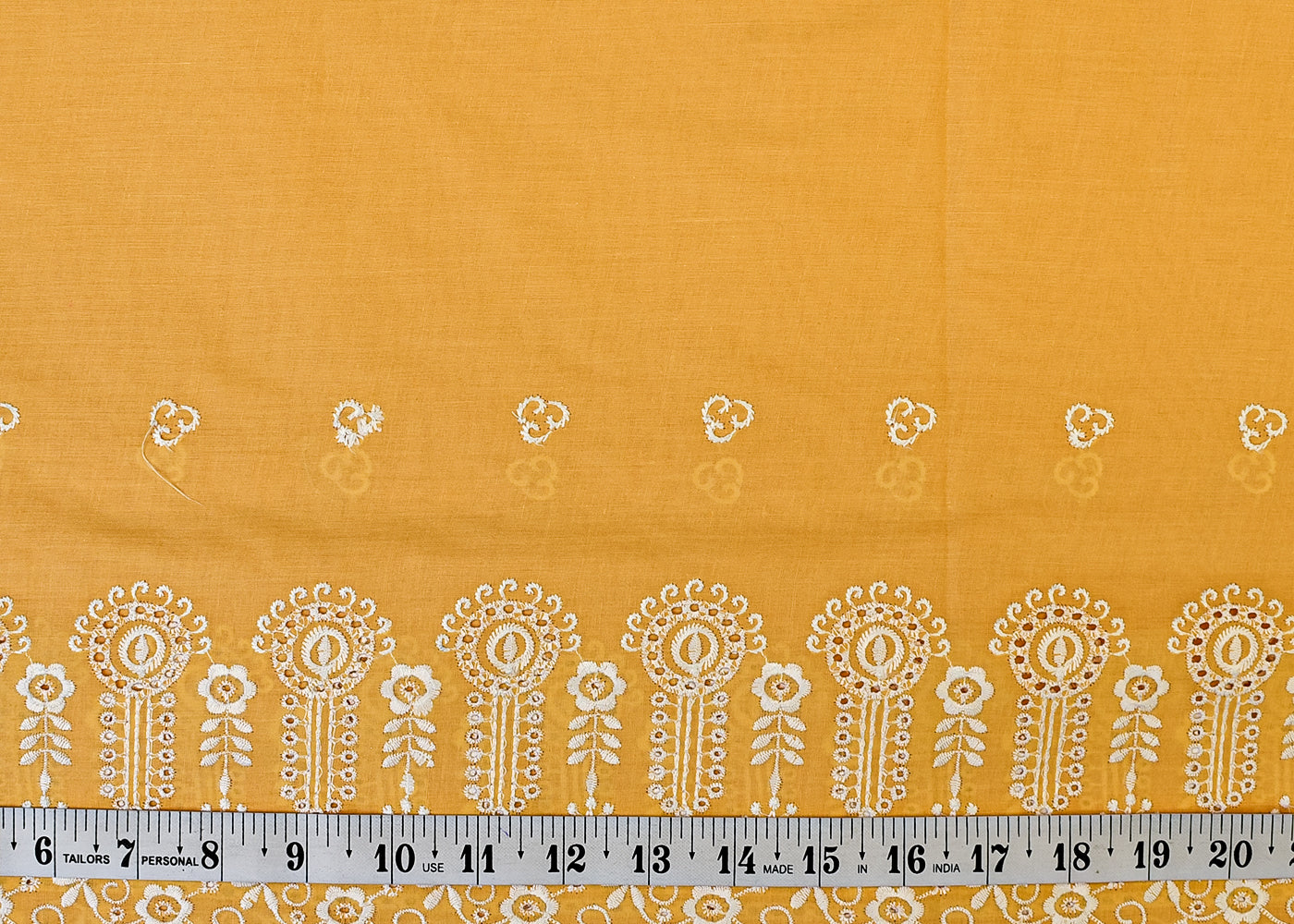 Yellow Cotton Fabric with All Over Thread Work, One Side Heavy Cutwork and Scalloped Border 15262