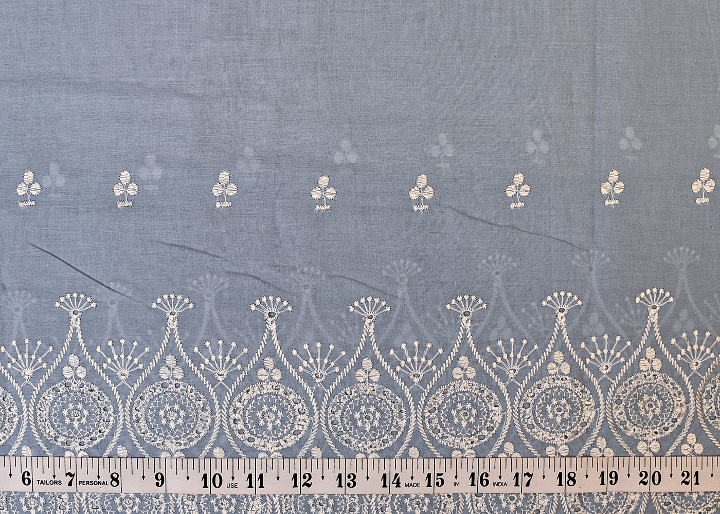 Powder Blue Cotton Fabric with All Over Thread Work, One Side Heavy Cutwork and Scalloped Border 15263