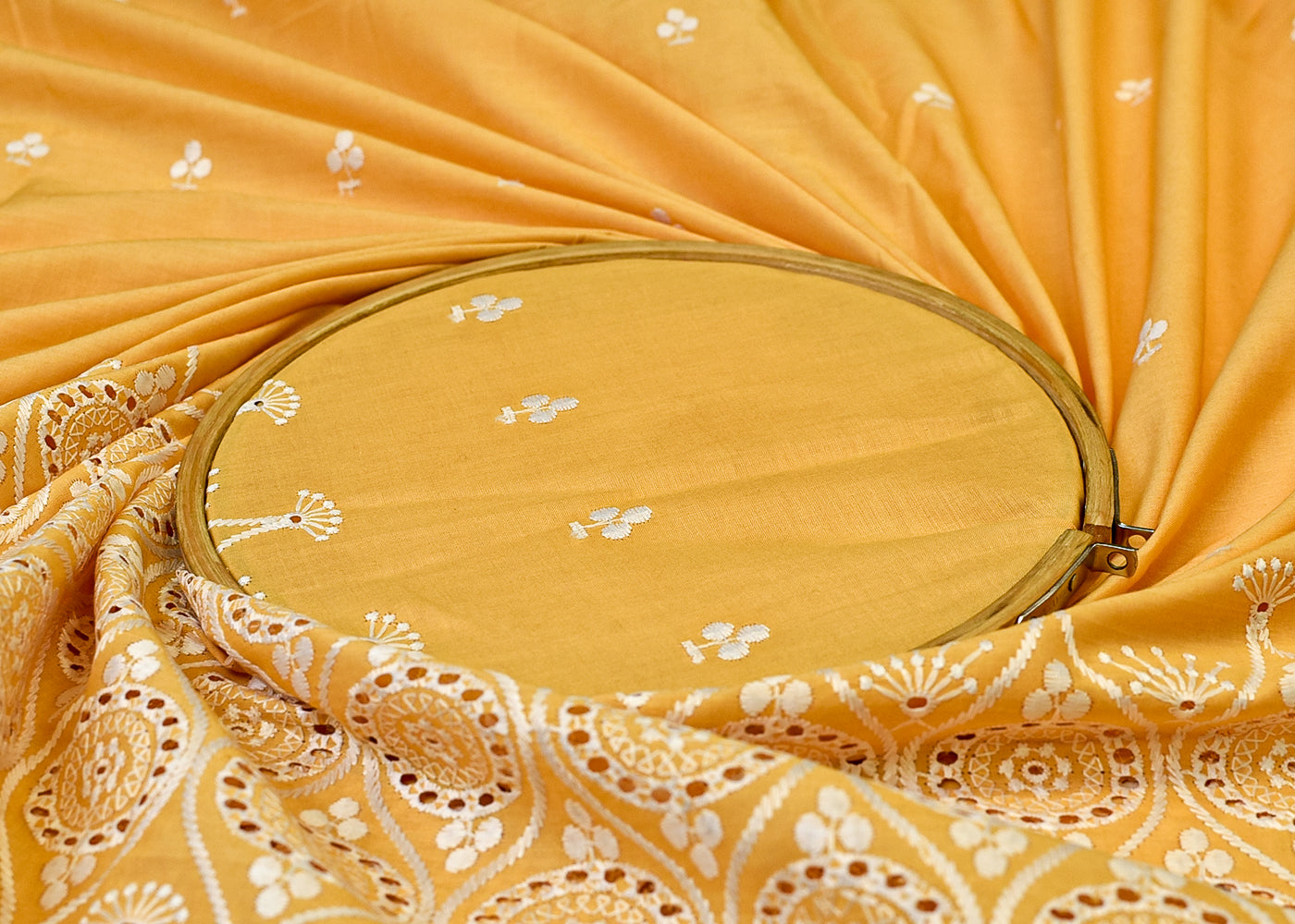 Yellow Cotton Fabric with All Over Thread Work, One Side Heavy Cutwork and Scalloped Border 15264
