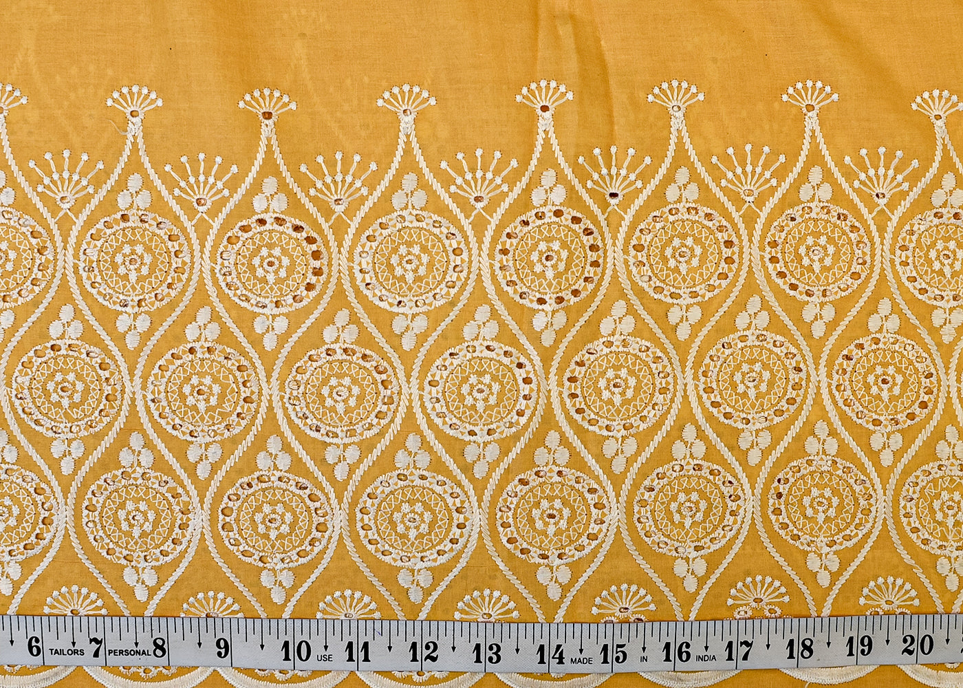 Yellow Cotton Fabric with All Over Thread Work, One Side Heavy Cutwork and Scalloped Border 15264