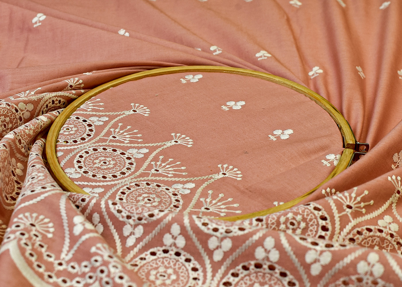 Baby Pink Cotton Fabric with All Over Thread Work, One Side Heavy Cutwork and Scalloped Border 15266