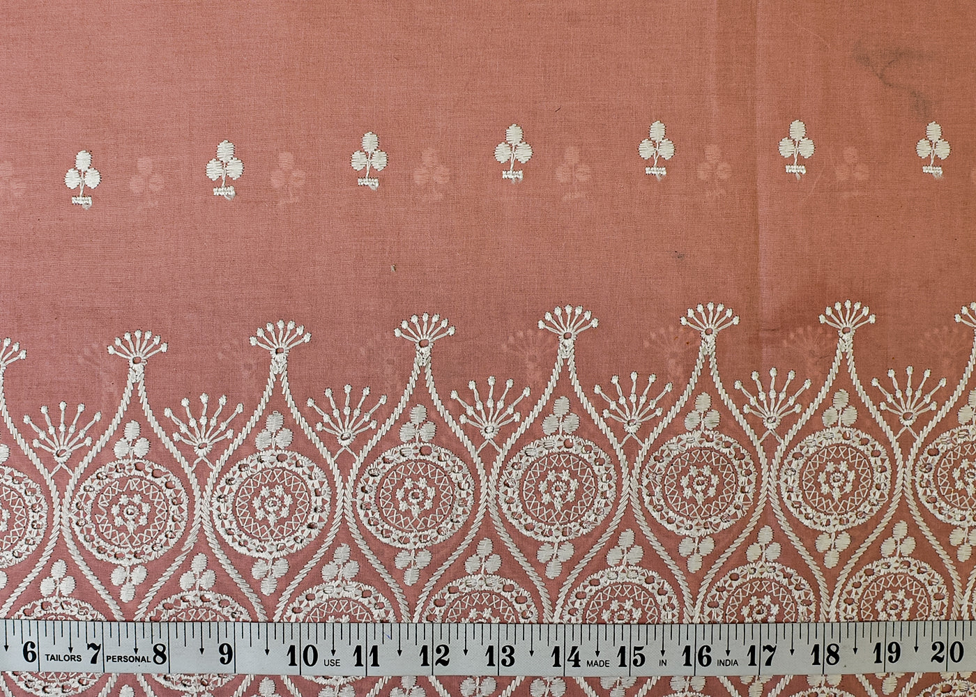 Baby Pink Cotton Fabric with All Over Thread Work, One Side Heavy Cutwork and Scalloped Border 15266