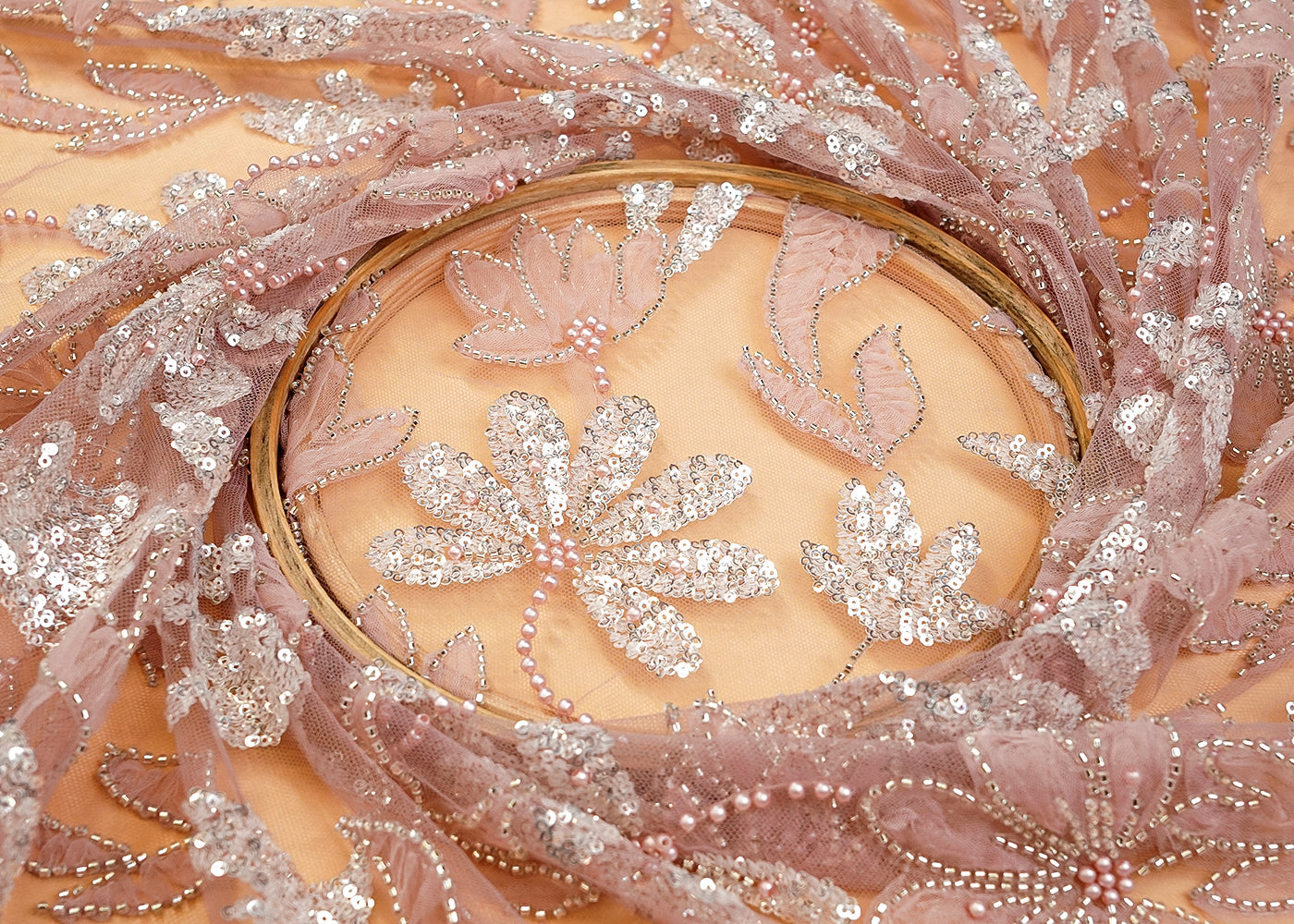 Onion Pink Net Fabric with All Over Appliqué Work with Katdana, Sequins, and Bead 15270