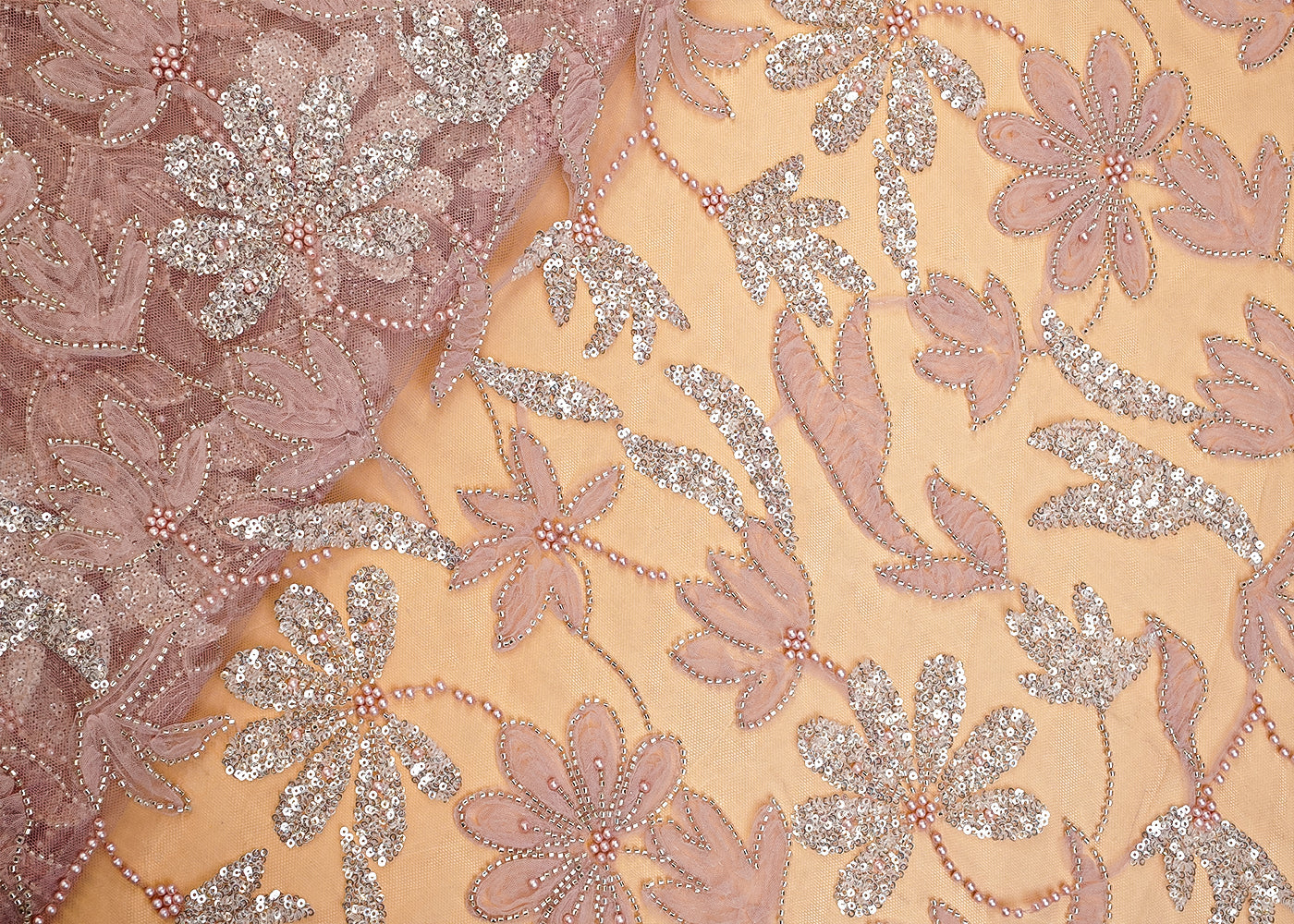 Onion Pink Net Fabric with All Over Appliqué Work with Katdana, Sequins, and Bead 15270