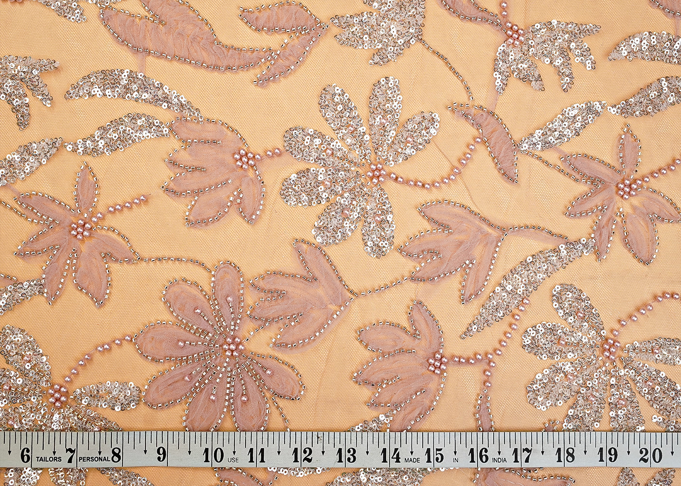 Onion Pink Net Fabric with All Over Appliqué Work with Katdana, Sequins, and Bead 15270