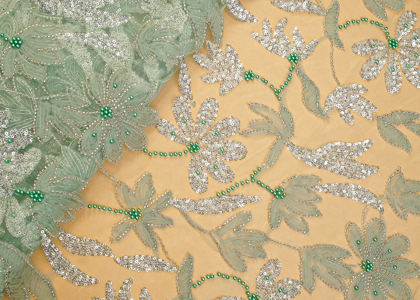 Mint Green Net Fabric with All Over Appliqué Work with Katdana, Sequins, and Bead 15272