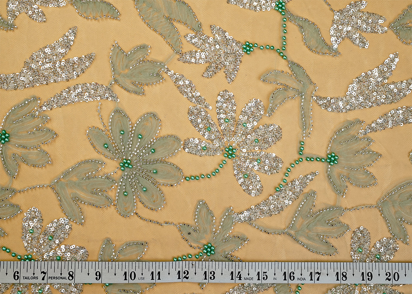 Mint Green Net Fabric with All Over Appliqué Work with Katdana, Sequins, and Bead 15272