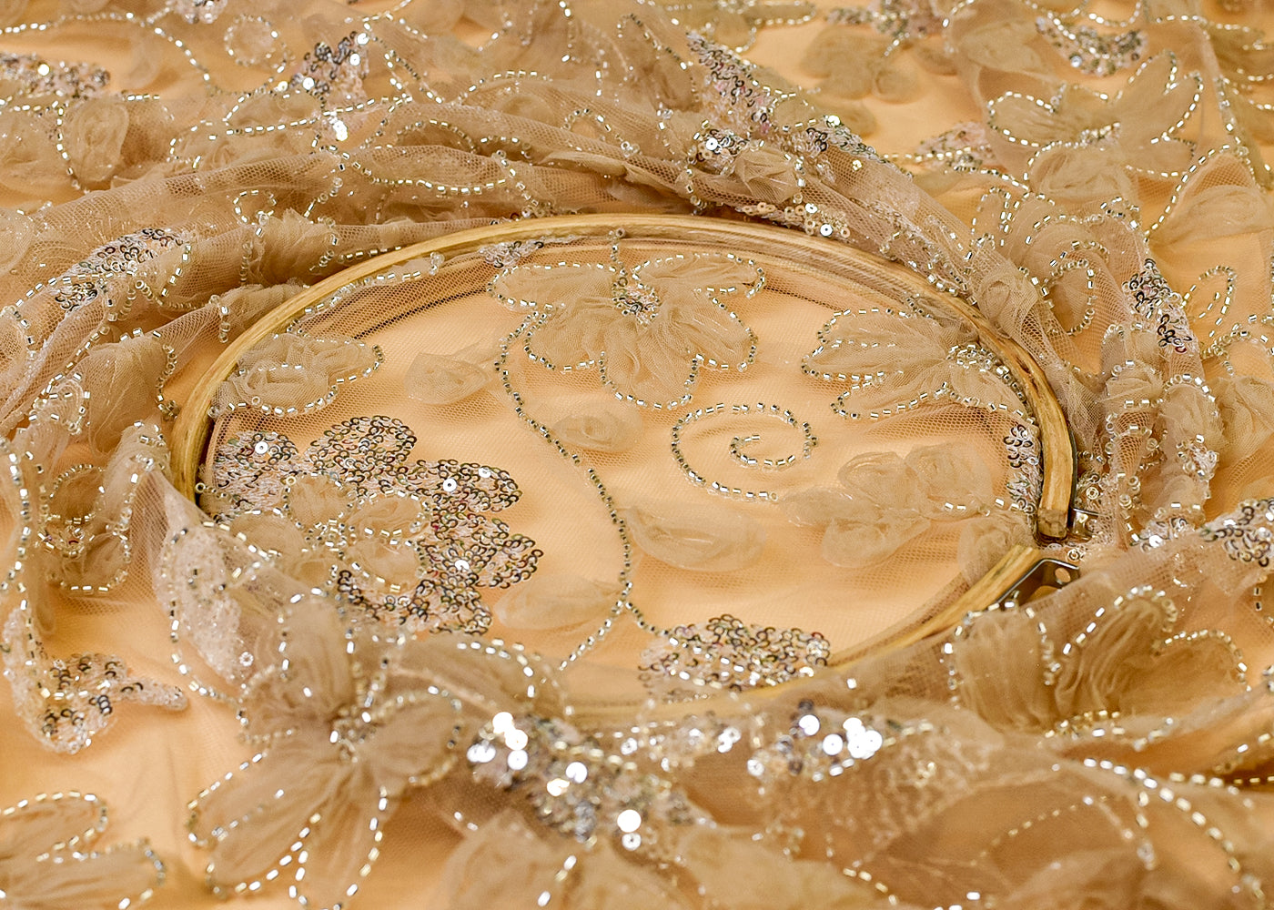 Tan Net Fabric with All Over Appliqué Work with Katdana and Sequins 15273