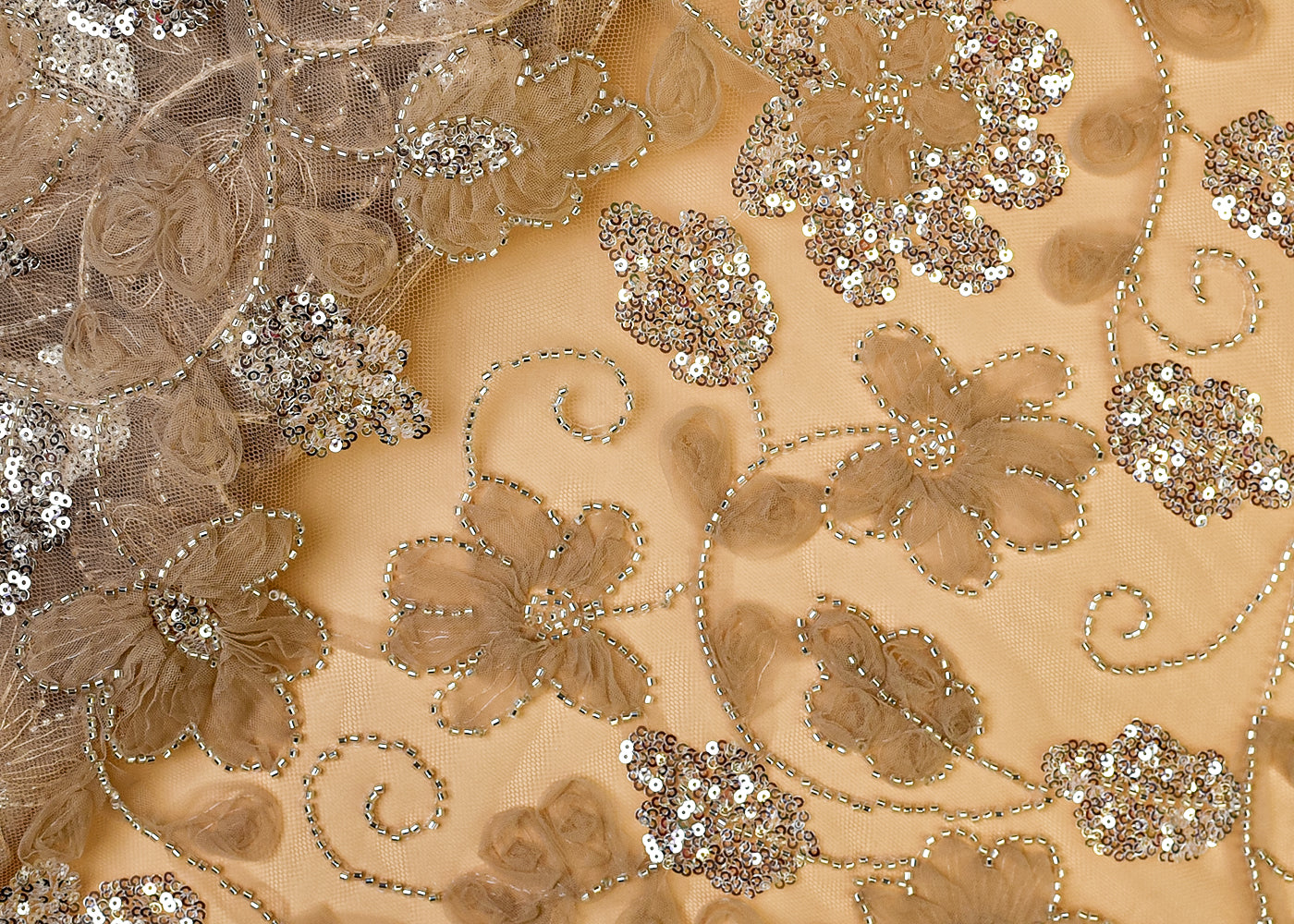 Tan Net Fabric with All Over Appliqué Work with Katdana and Sequins 15273