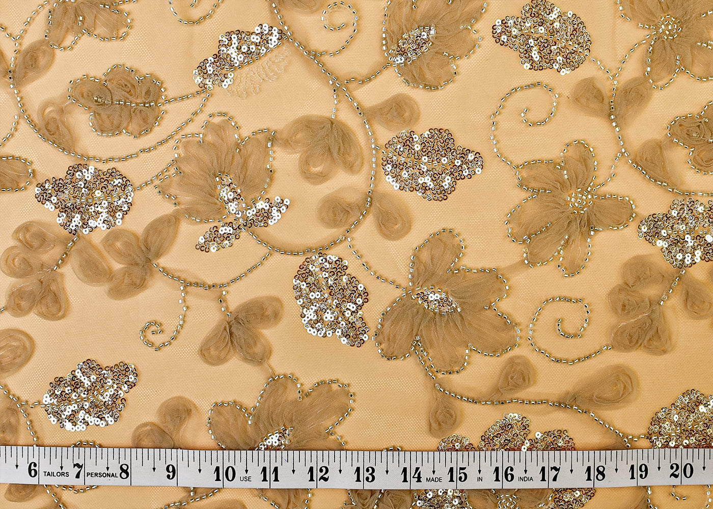 Tan Net Fabric with All Over Appliqué Work with Katdana and Sequins 15273