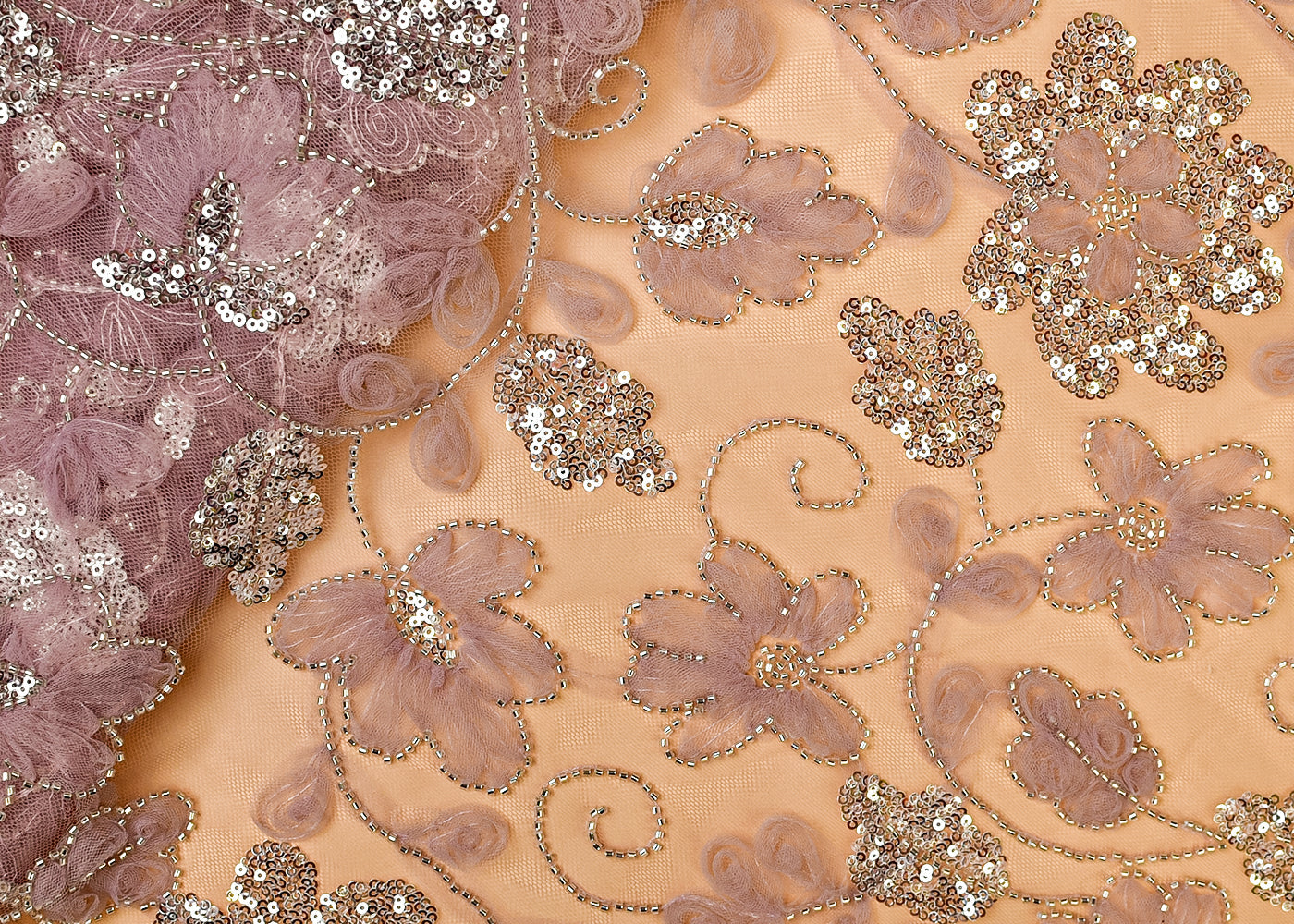 Onion Pink Net Fabric with All Over Appliqué Work with Katdana and Sequins 15274