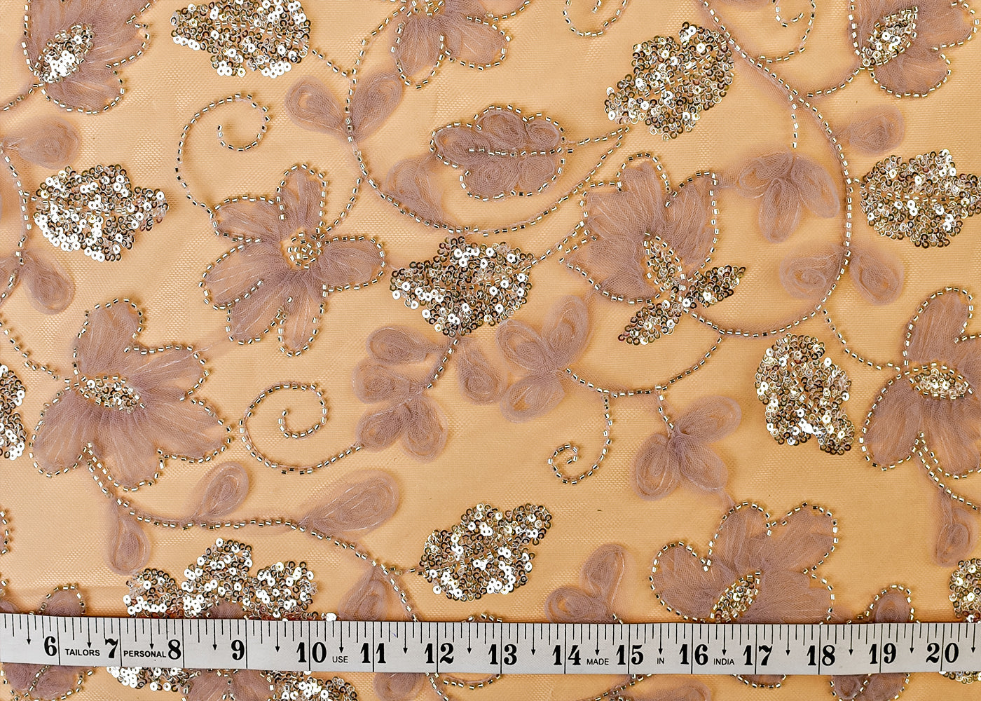 Onion Pink Net Fabric with All Over Appliqué Work with Katdana and Sequins 15274