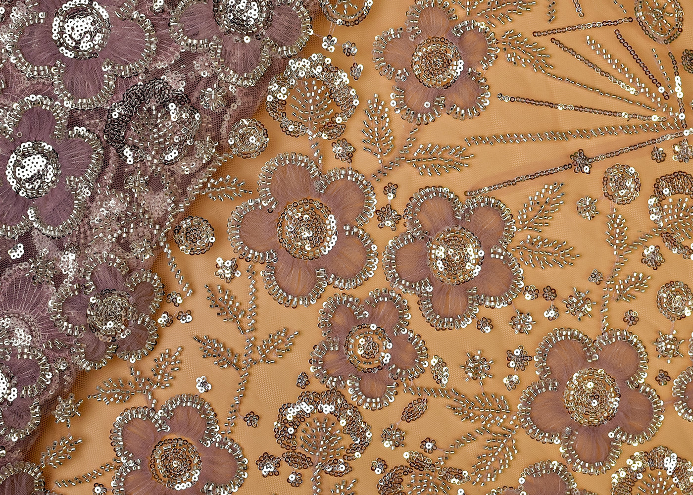 Onion Net Fabric with All Over Appliqué Work with Katdana and Sequins 15275