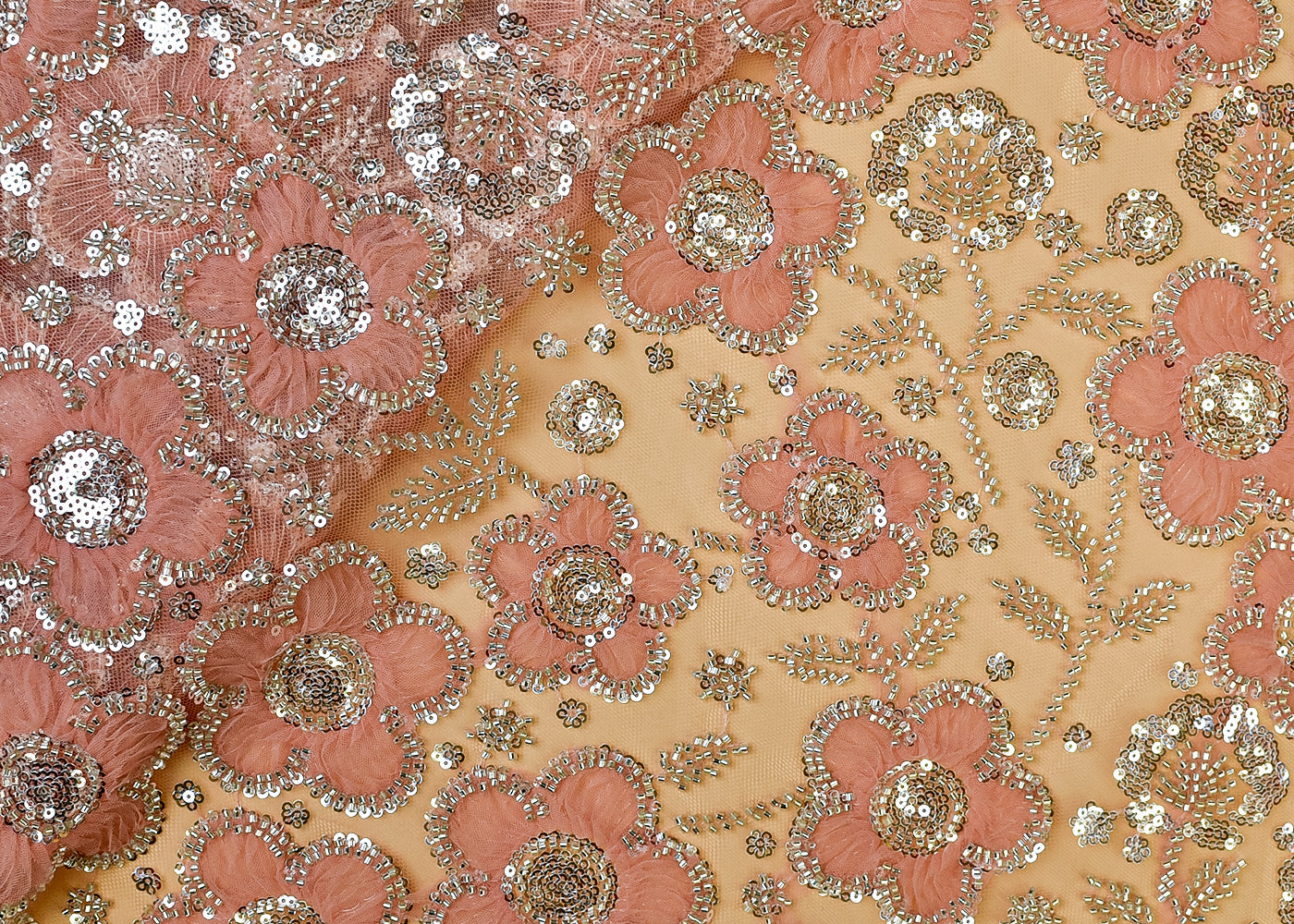 Peach Net Fabric with All Over Appliqué Work with Katdana and Sequins 15277