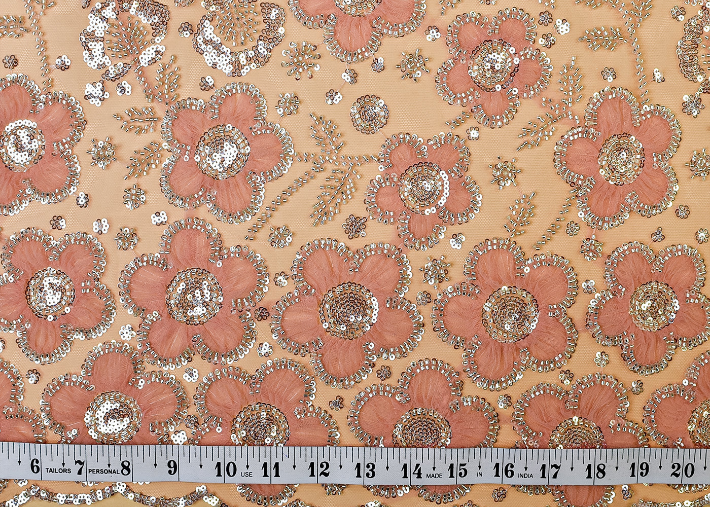 Peach Net Fabric with All Over Appliqué Work with Katdana and Sequins 15277
