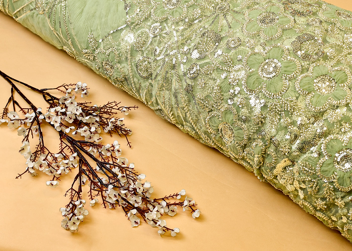 Pista Green Net Fabric with All Over Appliqué Work with Katdana and Sequins 15278