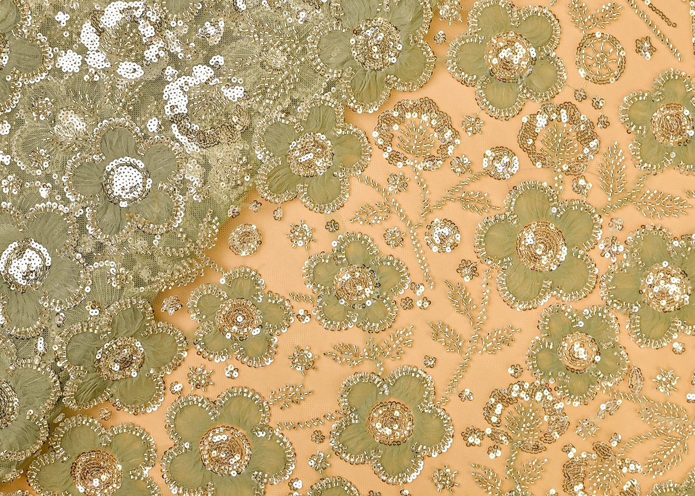 Pista Green Net Fabric with All Over Appliqué Work with Katdana and Sequins 15278