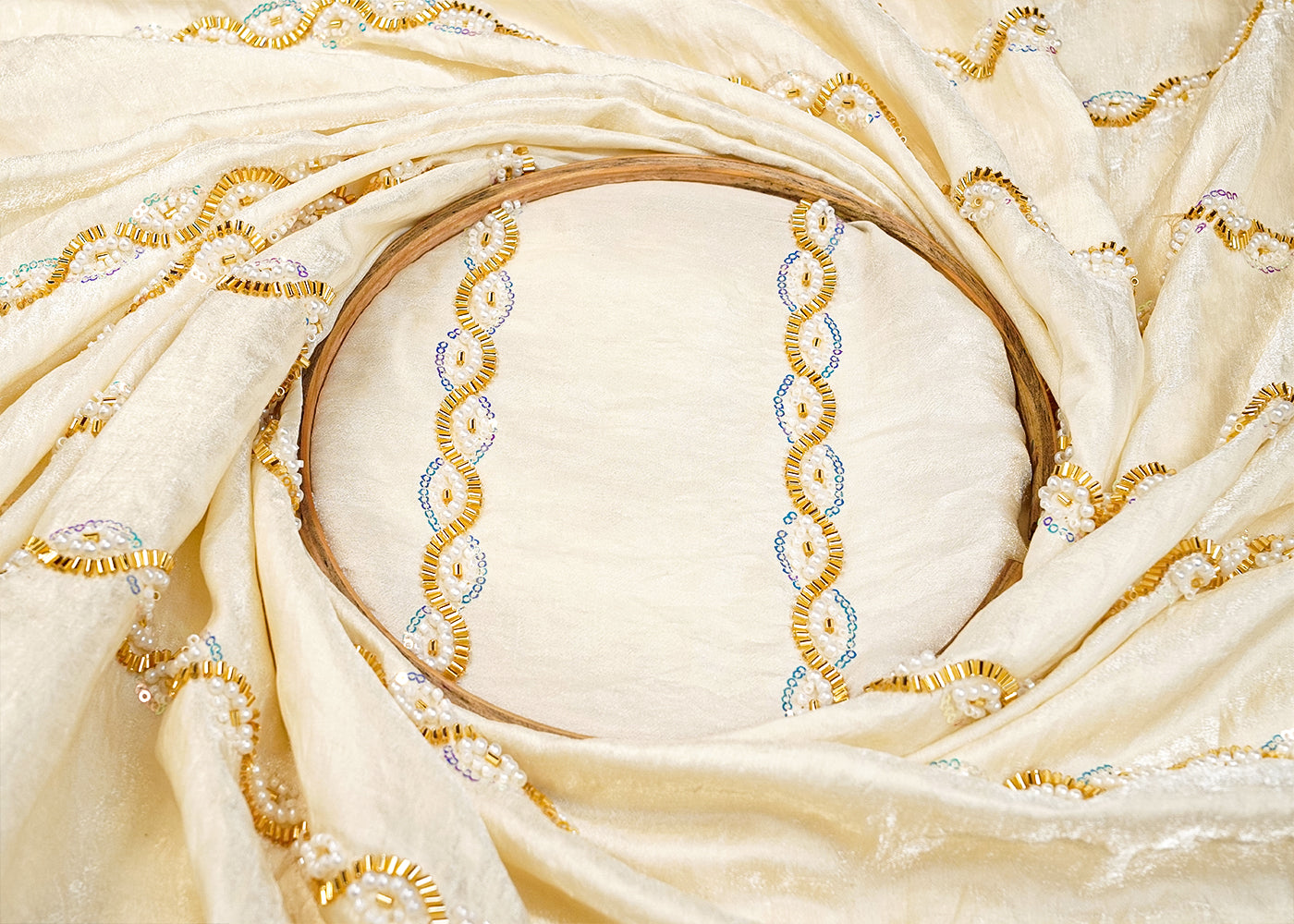 Cream Diamond Silk Tissue Fabric with All Over Pearl, Katdana, and Sequins Stripes 15285