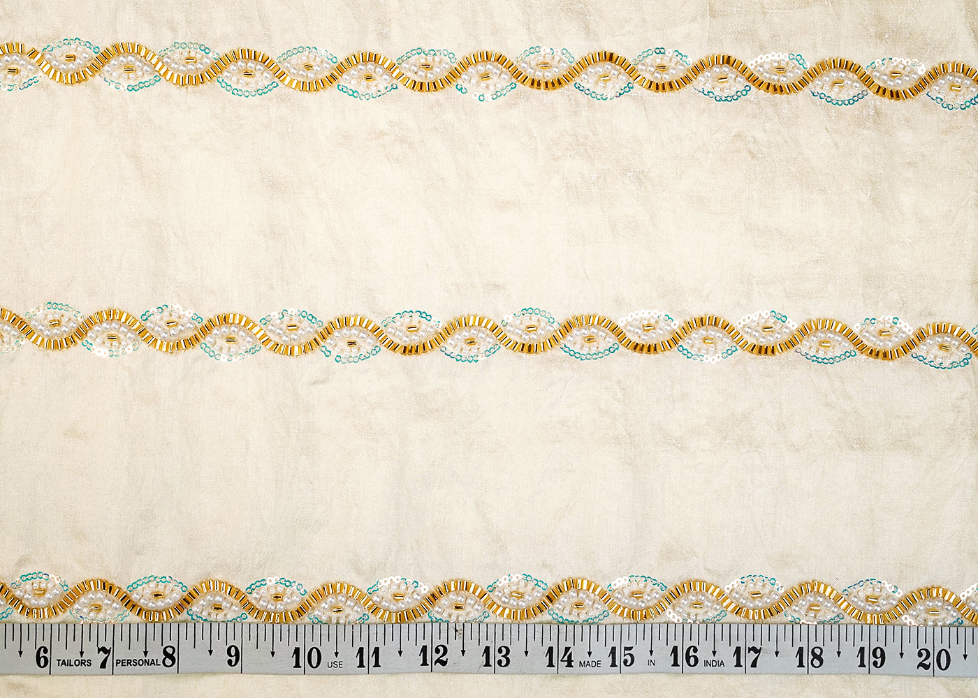 Cream Diamond Silk Tissue Fabric with All Over Pearl, Katdana, and Sequins Stripes 15285