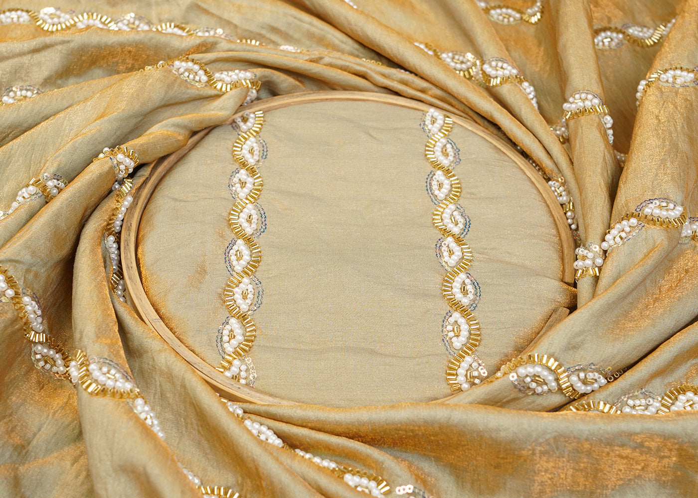 Beige Diamond Silk Tissue Fabric with All Over Pearl, Katdana, and Sequins Stripes 15286