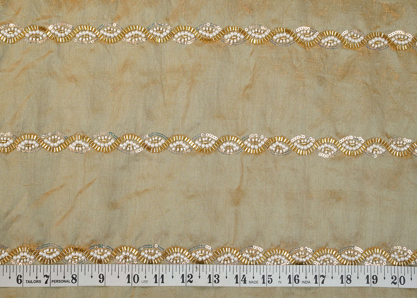 Beige Diamond Silk Tissue Fabric with All Over Pearl, Katdana, and Sequins Stripes 15286