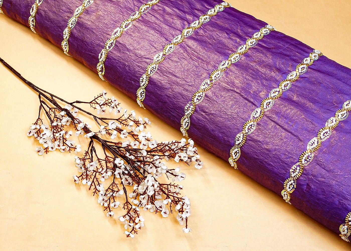 Purple Diamond Silk Tissue Fabric with All Over Pearl, Katdana, and Sequins Stripes 15288