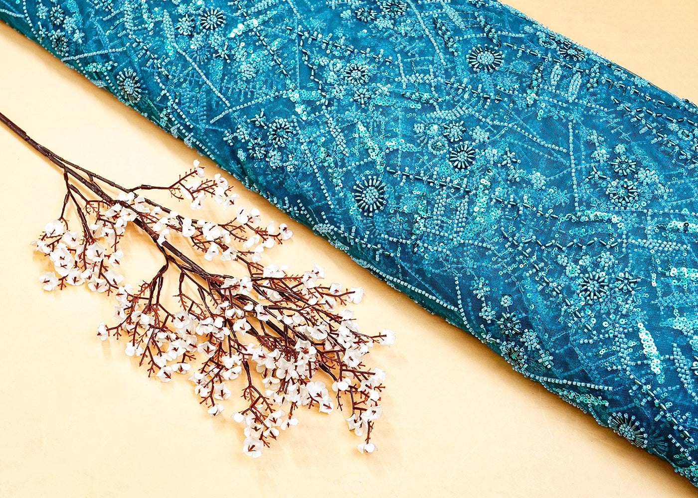 Blue Net Fabric with All Over Katdana, Bead, and Sequins Work 15292