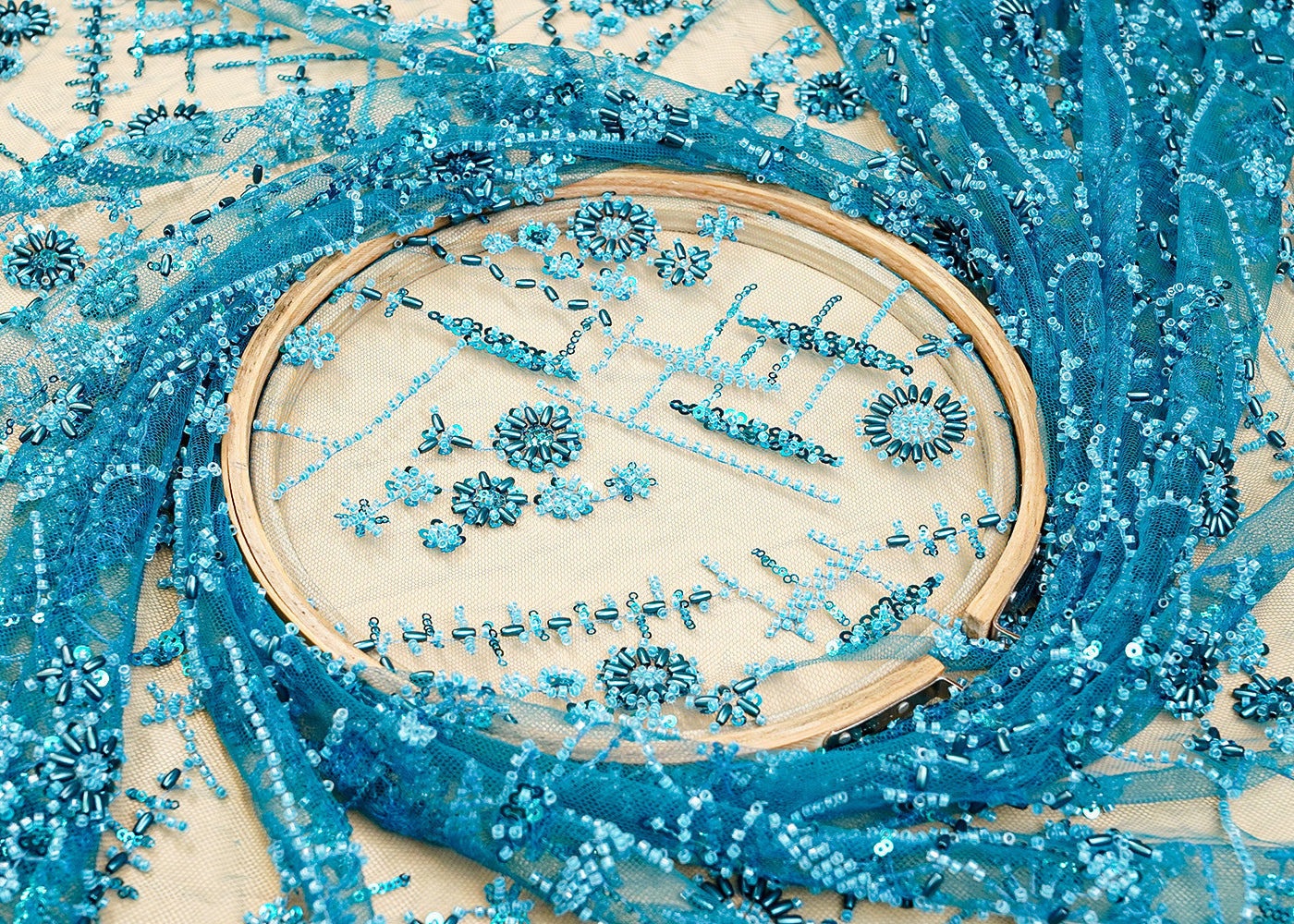 Blue Net Fabric with All Over Katdana, Bead, and Sequins Work 15292