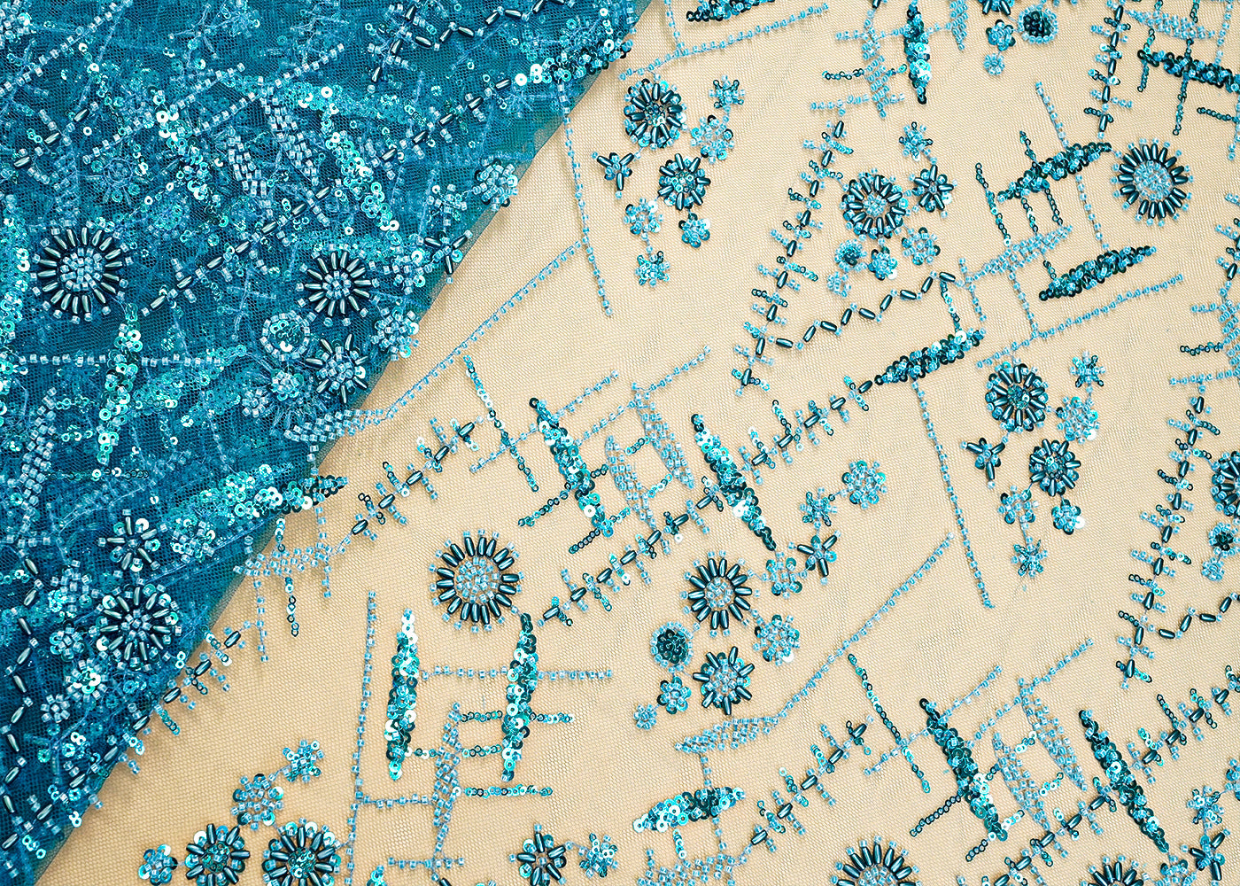 Light Blue Net Fabric with All Over Katdana, Bead, and Sequins Work 15292