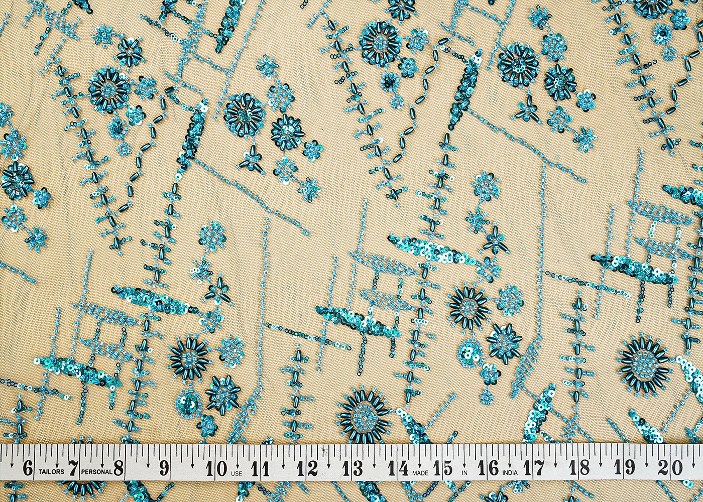 Light Blue Net Fabric with All Over Katdana, Bead, and Sequins Work 15292