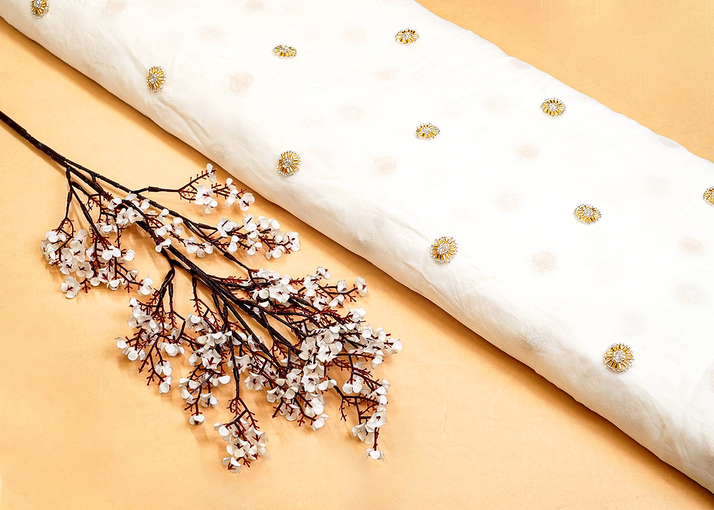 White Georgette Fabric with All Over Katdana Buti 15325