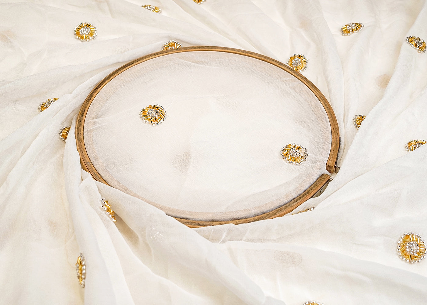 White Georgette Fabric with All Over Katdana Buti 15325