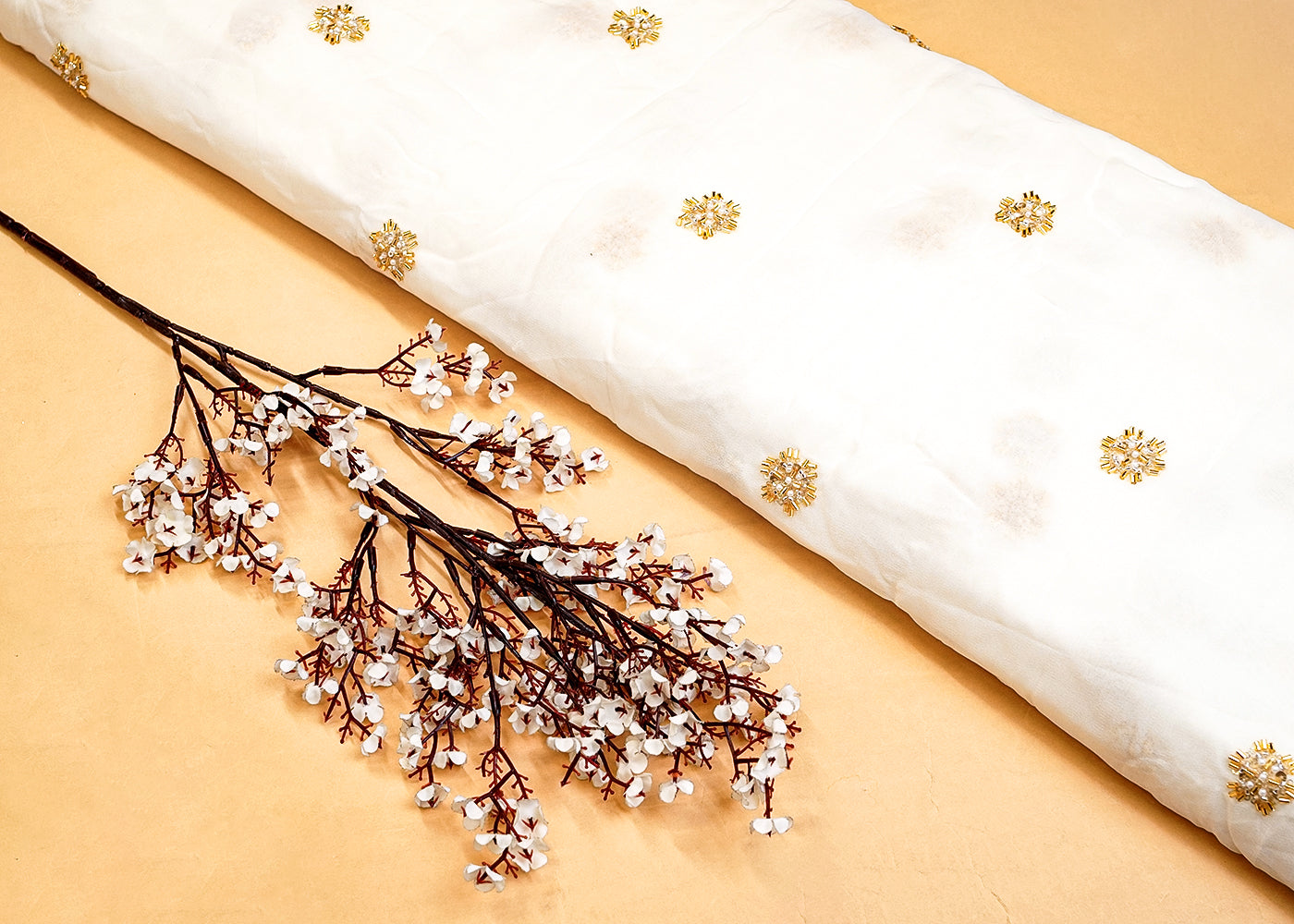 White Georgette Fabric with All Over Katdana, Sequins, and Bead Buti 15326