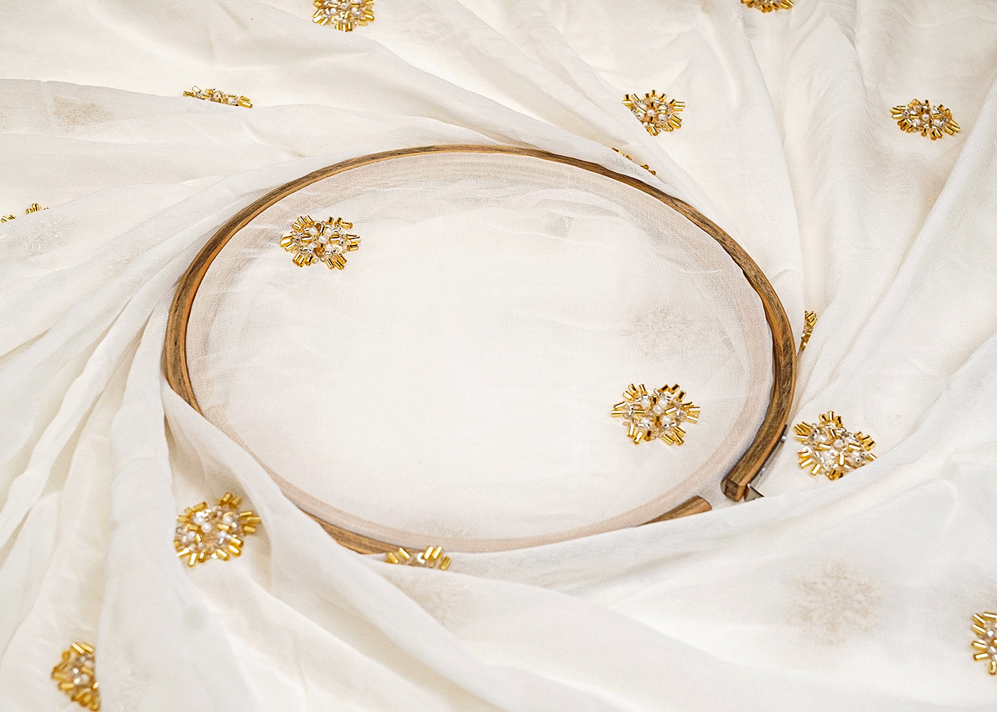 White Georgette Fabric with All Over Katdana, Sequins, and Bead Buti 15326