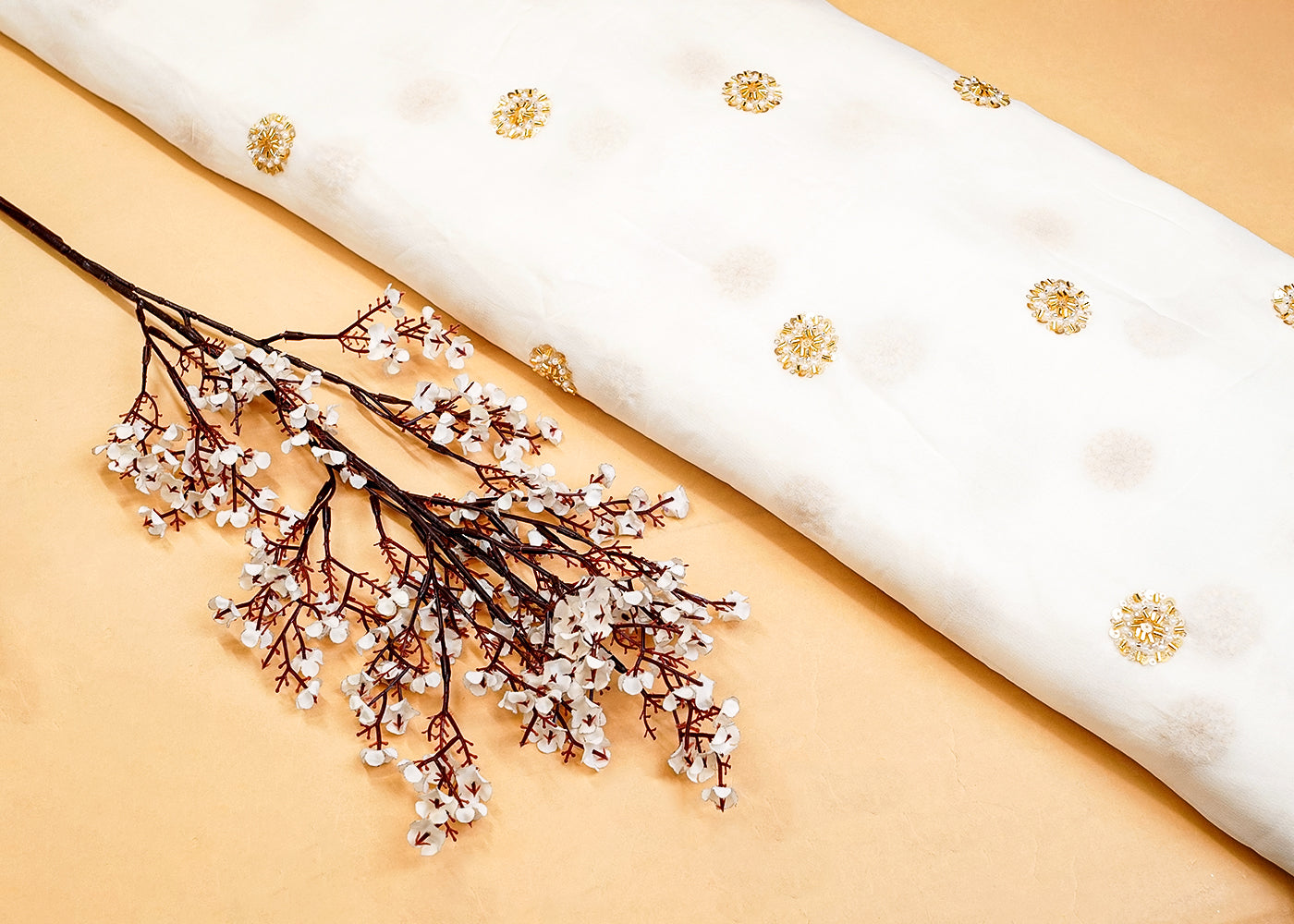 White Georgette Fabric with All Over Katdana, Sequins, and Bead Buti 15327