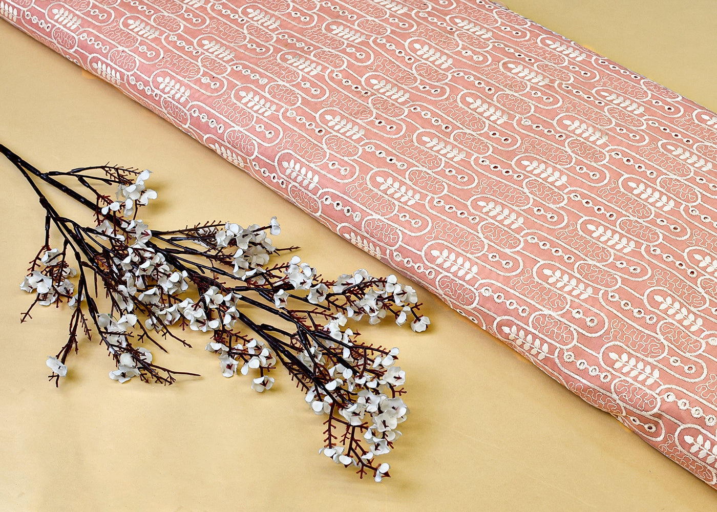 Peach Pink Imported Cotton Fabric with All Over Thread Work 15328