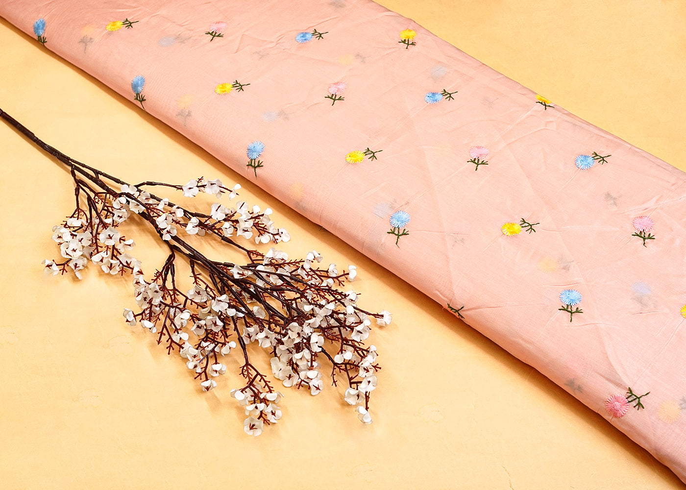 Peach Modal Muslin Fabric with All Over Thread Work 15339