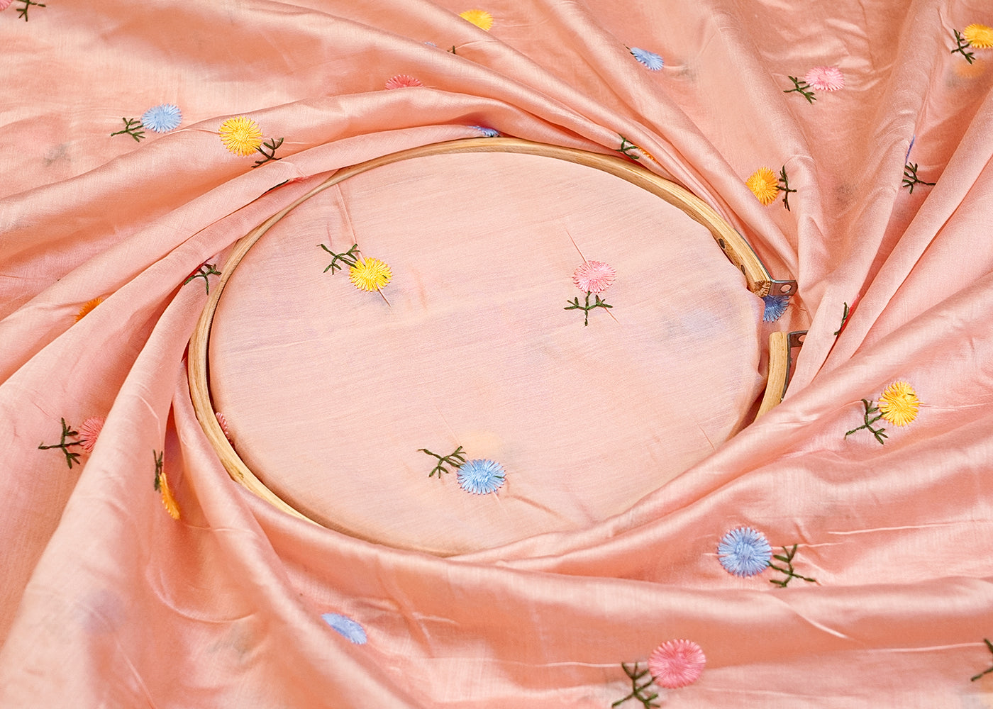 Peach Modal Muslin Fabric with All Over Thread Work 15339
