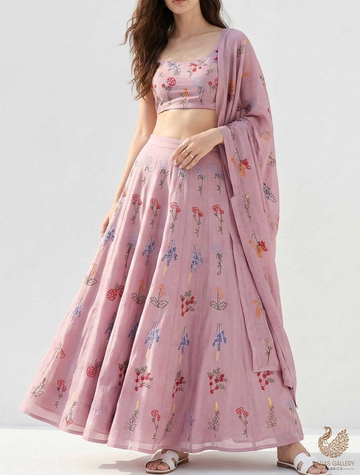 Onion Modal Muslin Fabric with All Over Thread Work 15340
