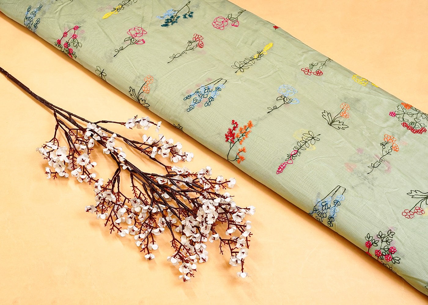Pista Green Modal Muslin Fabric with All Over Thread Work 15341