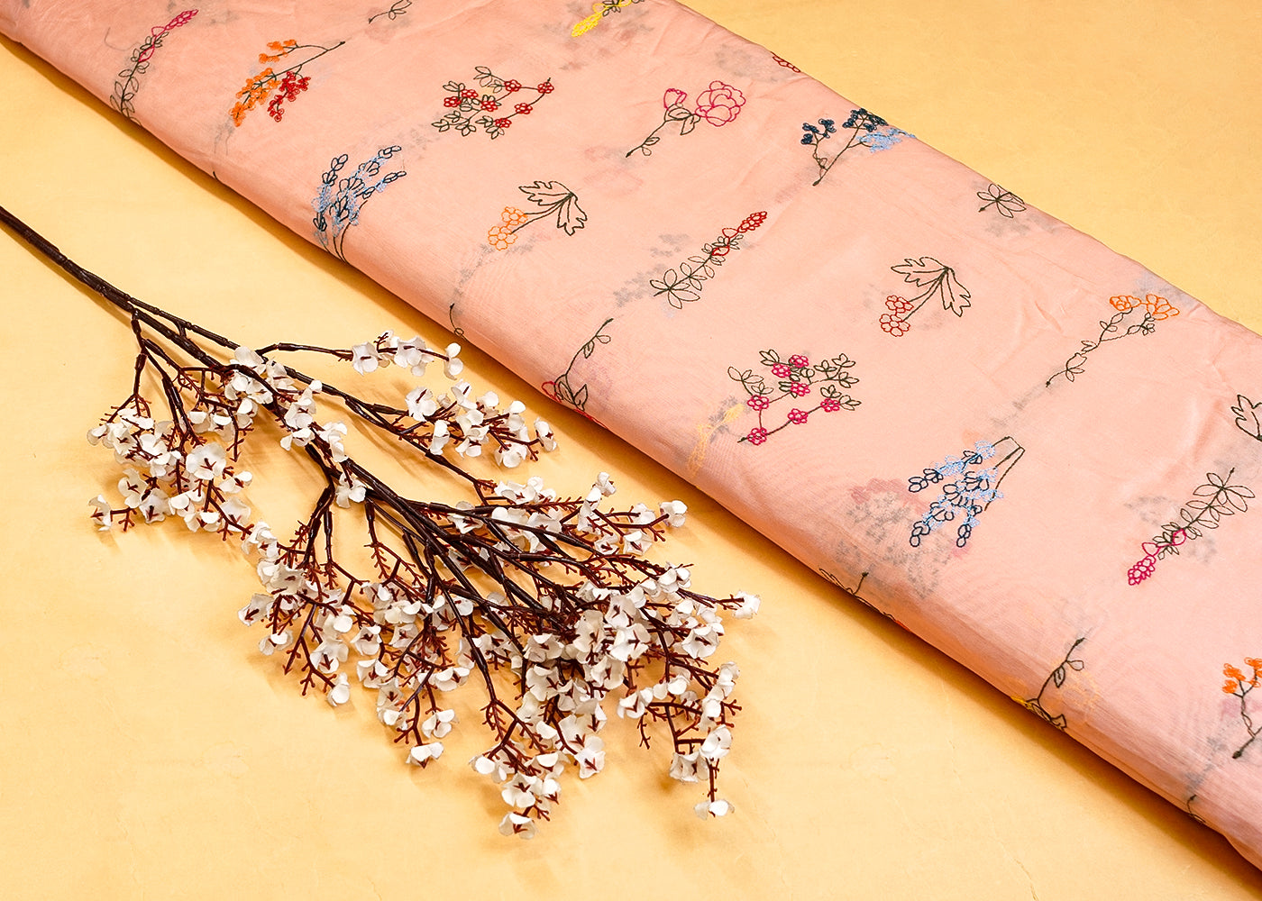 Peach Modal Muslin Fabric with All Over Thread Work 15343