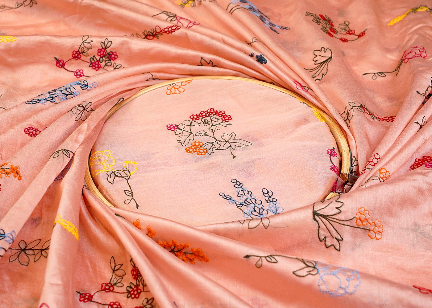 Peach Modal Muslin Fabric with All Over Thread Work 15343