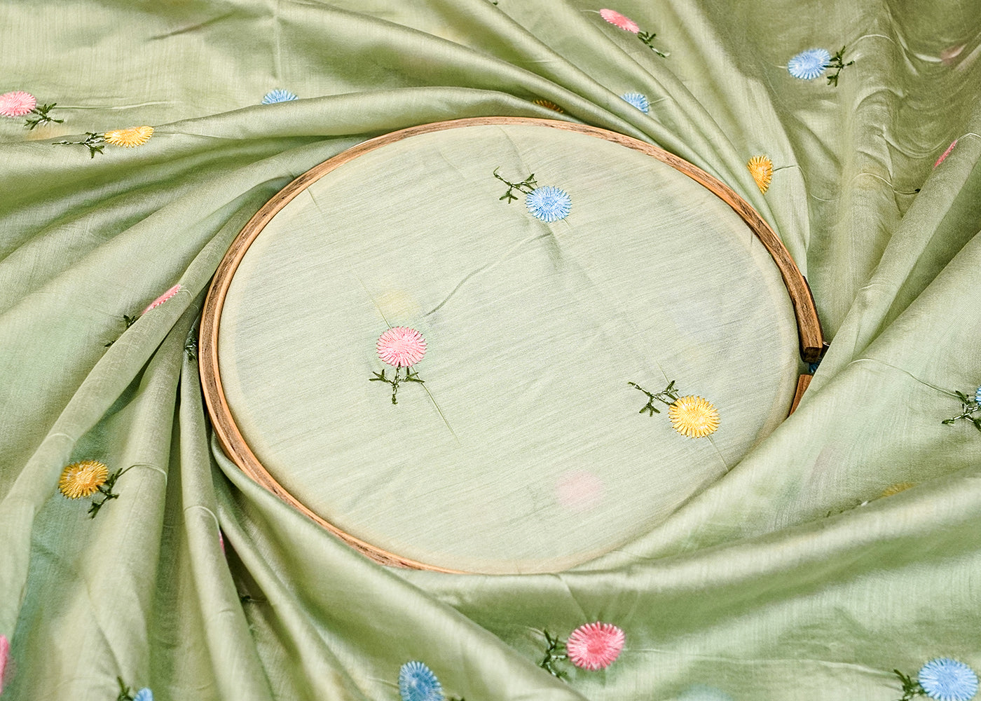 Pista Green Modal Muslin Fabric with All Over Thread Work 15344