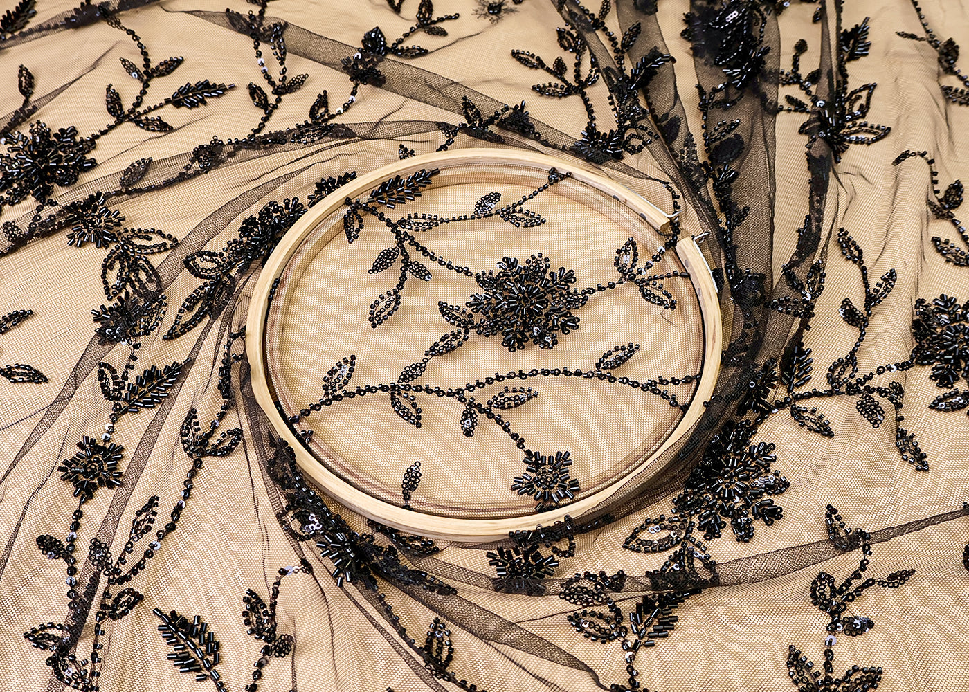 Black Imported Net Fabric with Bead, Katdana and Sequins Work with Scalloped Border 15356